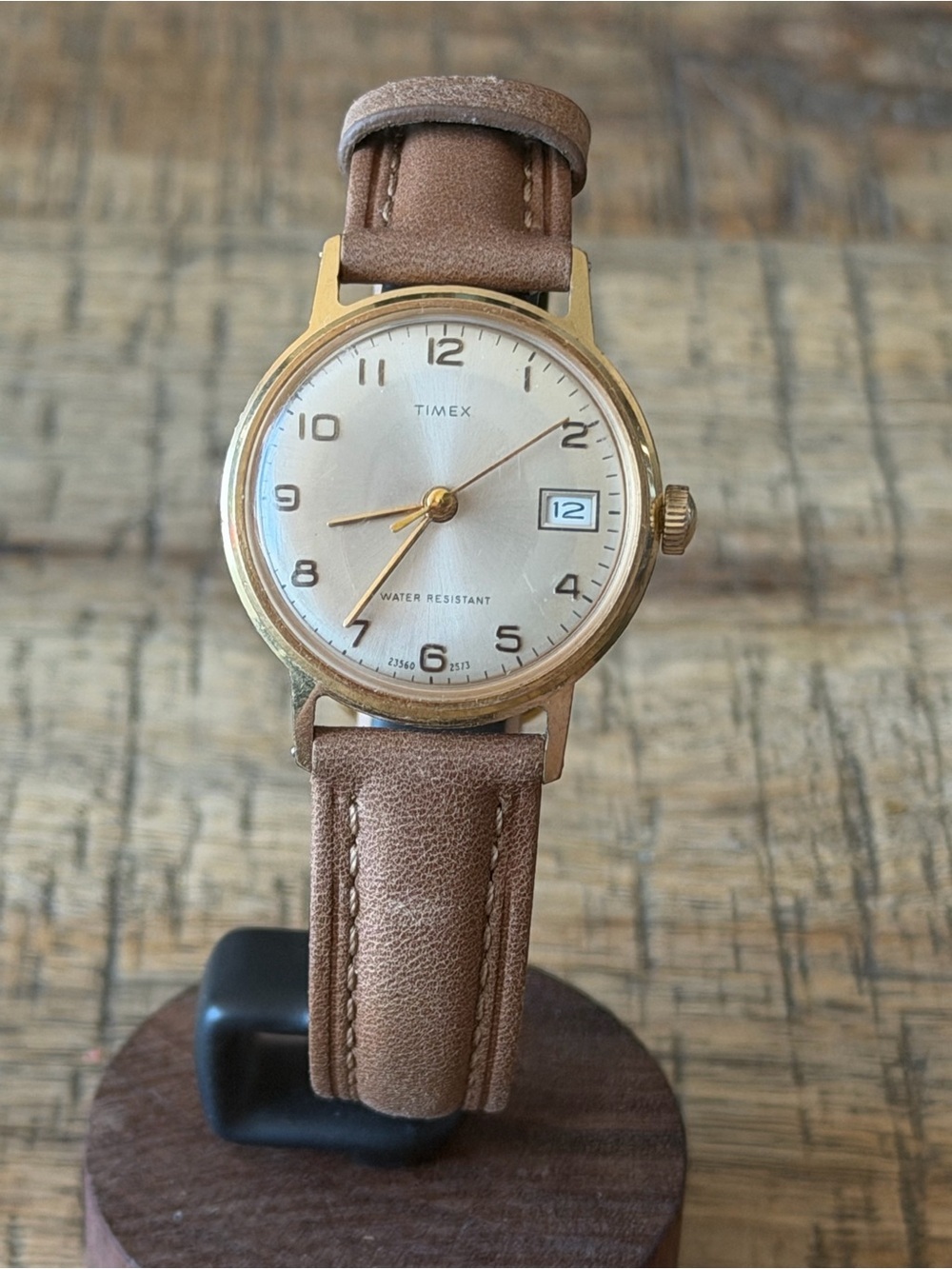 Vintage 1973 Timex Manual Wind Watch w/ Date | Gold Tone + New Leather Band